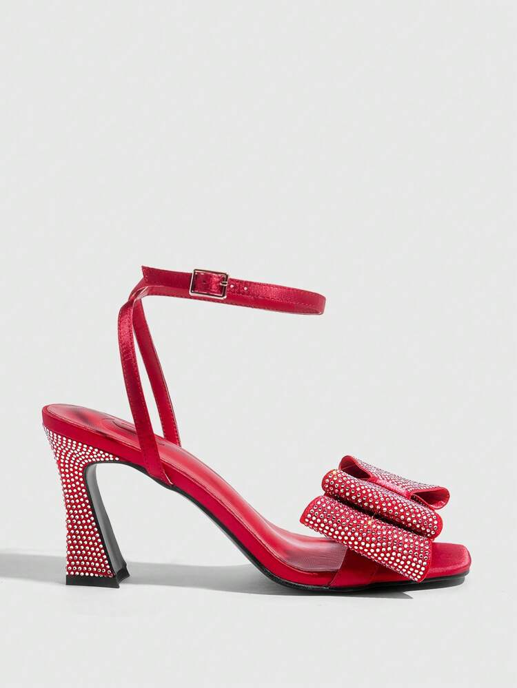 CUCCOO SZL Black Square Toe Rhinestone Stiletto High Heel Ladies Dress Red Sandals, Suitable For Evening Wear Valentine's Day