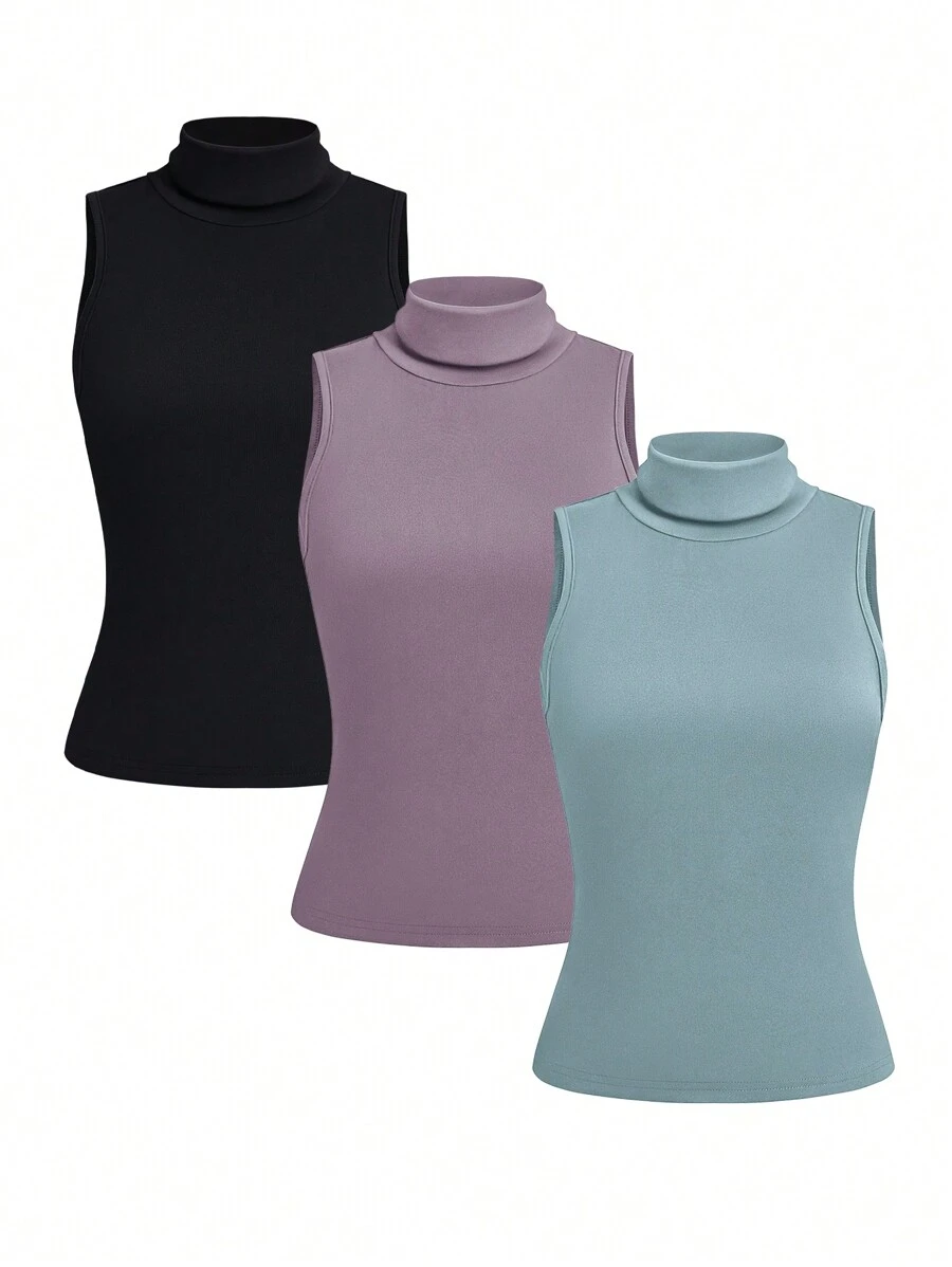 SHEIN LUNE 3pcs/Set Women's Solid Color High Neck Slim Fit Camisole - Multicolor - View 1