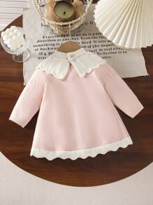 SHEIN 女婴高领针织长袖毛衣裙，舒适保暖，适合秋冬季，粉色和浅色，百搭，优雅蝴蝶结，蕾丝设计，时尚款式，适合上学、日常穿着、室内、户外、旅行