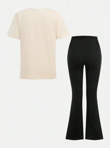 2 件青少年女孩复古豹纹运动基本款运动衫和裤子套装