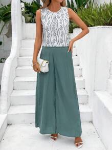 SHEIN Clasi Bộ 2 chiếc áo cánh không tay rộng rãi họa tiết hình học thanh lịch dành cho nữ và quần dài Palazzo xanh rộng rãi, thoải mái và đa năng cho trang phục hàng ngày mùa xuân/hè - Nhiều màu - Xem 2