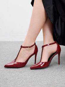 CUCCOO BIZCHIC Burgundy T-Strap Pointed Toe Stilettos, Fashion High Heels For Commute, Dating, Party, Vacation Valentine's Day - Burgundy - View 5