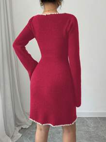 Elenzga V-Ausschnitt Bodycon Strickkleid mit Perlenverzierung und Schlitz-Saum