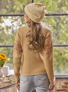 LanaWest Suéter de mujer con cuello redondo y parches de lentejuelas para otoño/invierno
