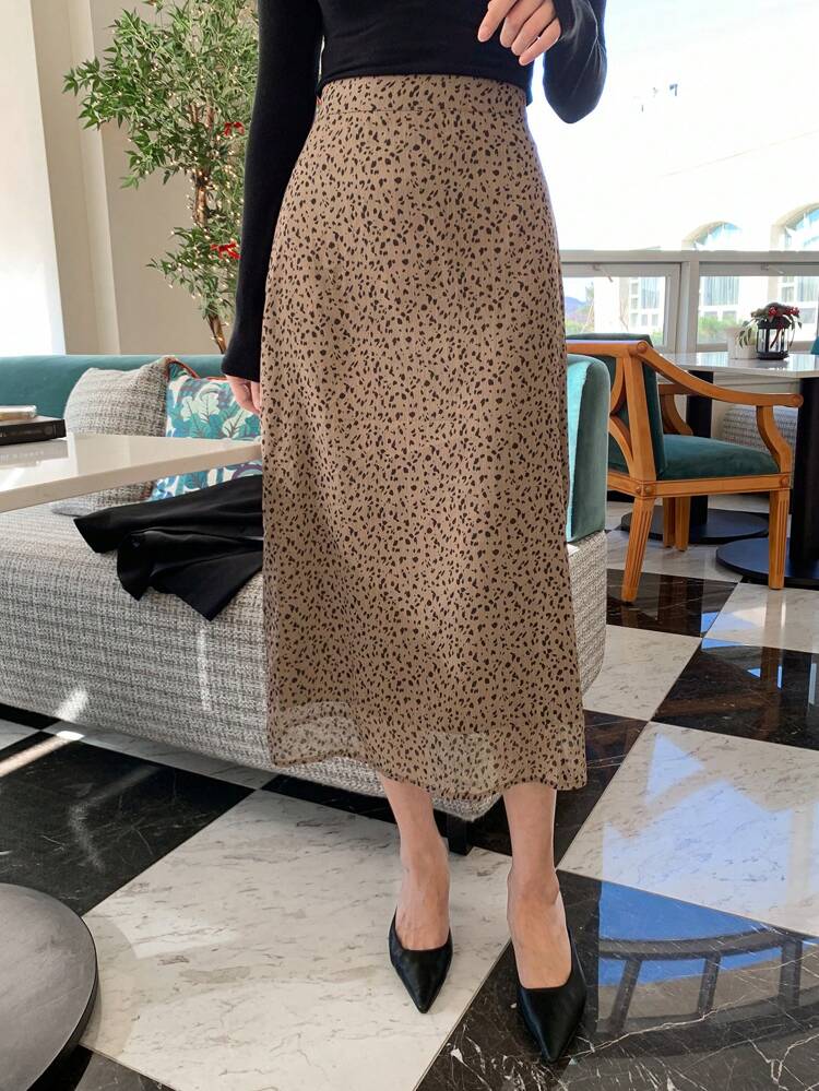 1pc Women Straight Leopard Print Straight Skirt, Slimming And Elegant,Back To School Clothes Fall