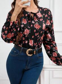 INAWLY 1pc Women's Black Long Sleeve Ditsy Floral Casual Shirt