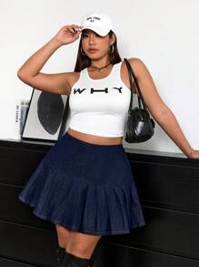 SHEIN EZwear Plus Size Pleated Minimalist Denim Skirt, Casual Everyday Wear - Dark Wash - View 2