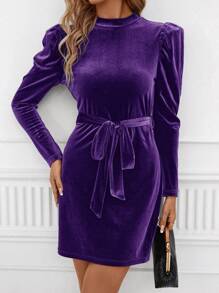 SHEIN Clasi Women Solid Stand Collar Long Sleeve Front Tie Hem Mini Dress