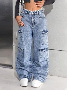 SHEIN Calça Denim Cargo Larga e Folgada com Bolsos Múltiplos, Desgastada e Plissada, Estilo Y2K para Adolescentes Meninas, Streetwear de Volta às Aulas no Outono e Inverno - Lavagem Média - Visão 7