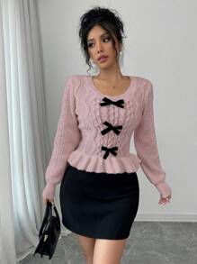 Chiquease 新品圆领长袖蝴蝶结装饰时尚休闲可爱女式套头毛衣 - 藕粉色 - 查看 6