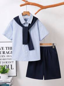 3-Piece Tween Boy Casual Shawl Collar Mid-Sleeve Striped Shirt & Solid Shorts Set, Korean/Japanese Style