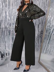 Allurite Plus Size Women Foil Striped V-Neck Lantern Sleeve Wide Leg Elegant Jumpsuit