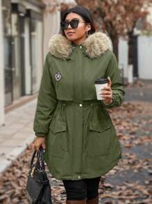 Calvaya Plus Size Women Casual Patchwork Fluffy Hooded Cinched Waist Long Padded Parka Padded Coat, Autumn/Winter