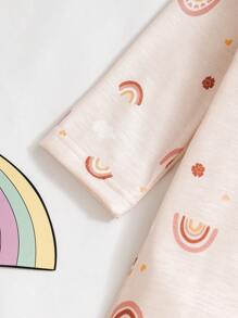 女婴可爱彩虹印花荷叶边长袖连体衣及发带，时尚舒适，适合所有季节，春秋季日常穿着，假日休闲皆宜 - 粉色 - 查看 7