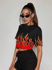 Coolane Women's Flame Print Crop Sleeve Cropped Casual T-Shirt For Summer - Red - View 5