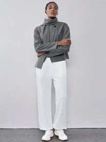 Chiquease 1pc Women's Gray Single-Breasted Coat With Scarf, Casual Loose Fit Knitted Jacket For Autumn/Winter Outerwear - Grey - View 3