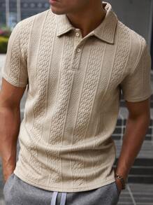 Manfinity Homme Men's Casual Solid Color Textured Jacquard Polo Shirt - Khaki - View 5