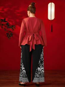 SHEIN Clasi 2 件大码纯色 V 领长袖上衣和裤子套装，简约风格 - 彩色 - 查看 2