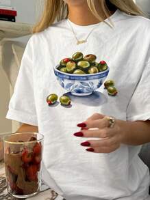 INAWLY Women's Fruit Pattern Vintage Round Neck Casual T-Shirt Top - White - View 1
