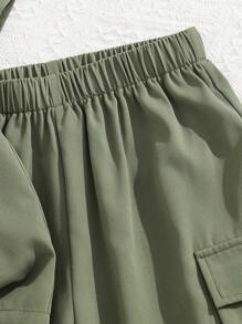 SHEIN Leap Crew 2pcs/Set Kids/Tween Boys' Casual Resort Style Polo Collar Half-Zip Pullover Short Sleeve Top & Loose Woven Shorts Outfit - Army Green - View 6