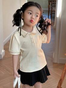 DAZY Young Girl Cute Collar Short Sleeve Knit T-Shirt,Girls Summer Outfits - Beige - View 3