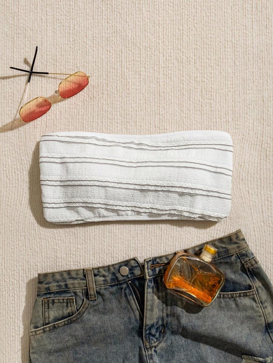 Women's Frill Trim Bandeau Swimwear Top Summer - White - View 1