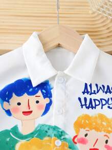 Young Boy Cartoon Character Letter Print Short Sleeve Single Breasted Casual Shirt