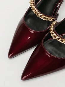 CUCCOO BIZCHIC Pointed Toe High Heel Women's Shoes, Elegant High-Quality Burgundy Single Strap Heels With Gold Chain Detail, For Commuting And Daily Wear New Year Holiday