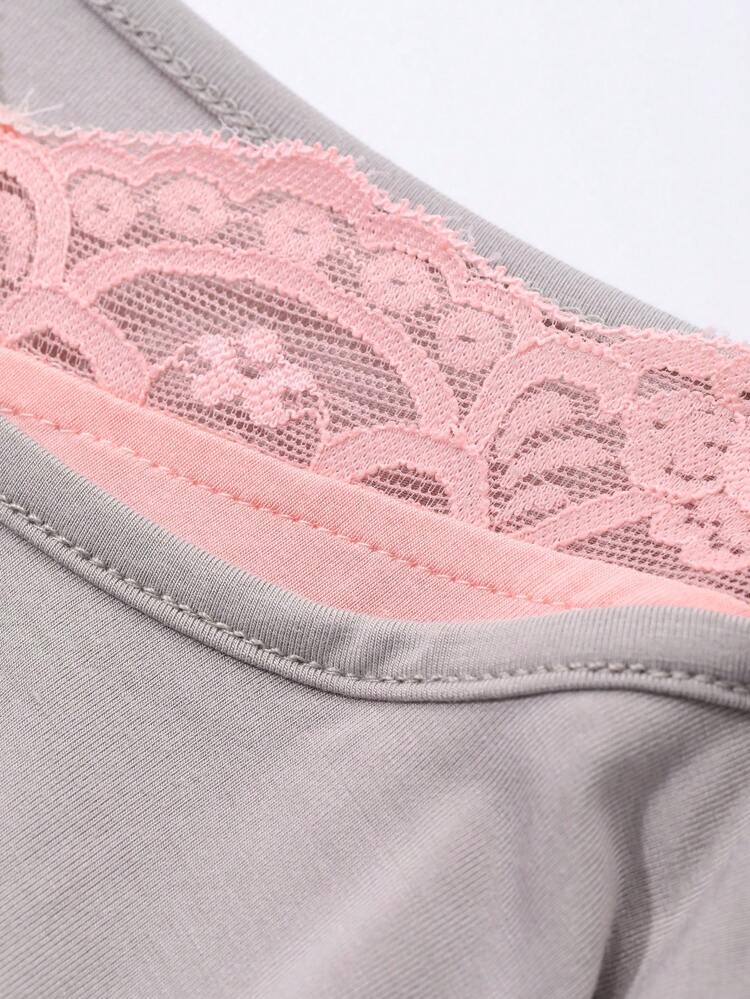 Contrast Color 2 In 1 Fitted Lace Panel Sleepwear Top Pajama