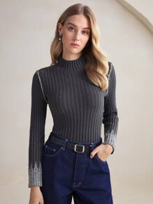 BizChic 灰色高领长袖针织毛衣，女士优雅办公/通勤装，适合新年、约会、春夏季 - 深灰色 - 查看 3