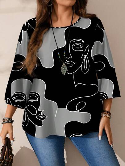 Mellowie Plus Size Women All-Over Print Loose Fit Round Neck 3/4 Sleeve Casual Shirt, Suitable For Autumn/Winter Chic Blouses For Women