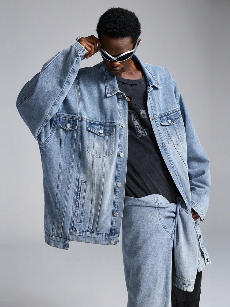 Men's Loose Oversized Drop Shoulder Street Multi-Pocket Woven Denim Jacket