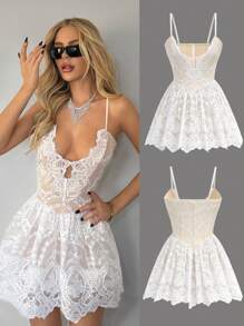 SHEIN ICON Holiday Women Outfits New Years Going Out Solid Color Hollow Backless Sexy Spaghetti Strap Sleeveless Mini White Women Party Formal Dresss