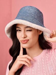 SHEIN MOD 1pc Women Blue & White Fuzzy Rim Bucket Hat For Winter - Baby Blue - View 2