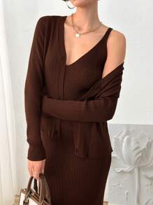 EURMUSE Urban Style Ribbed Knitted Sweater Cardigan & Long Slip Dress Matching Set - Chocolate Brown - View 5