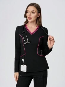 Scrubzie Top de uniforme de enfermera / mujer con bloques de color de manga larga y efecto humectante en rosa rojo y negro