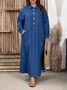 SHEIN LUNE Plus Size Front Button Long Sleeve Pocket Simple Long Denim Dress - Dark Wash - View 6