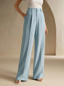 Anewsta 黑色都市时尚休闲宽松直腿腰带西装裤 - 淺藍色 - 查看 6