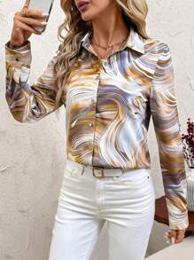 SHEIN Clasi 女式扎染前开长袖单排扣休闲衬衫