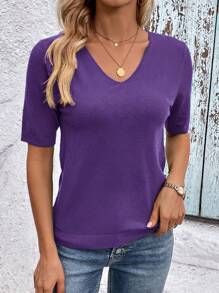 SHEIN Clasi ملابس علوية كاجوال مصنوعة من الأكريليك والنايلون غير مطبوعة, ذات رقبة على شكل حرف V وأكمام قصيرة، مناسبة للخريف والشتاء