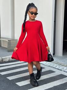SHEIN Leap Crew Tween Girls Basic Casual Comfortable Stylish Elegant Solid Color Knit Round Neck Long Sleeve Dress, Spring - Red - View 5