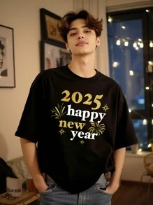 Manfinity VCAY 新年男士口号印花休闲宽松圆领短袖 T 恤