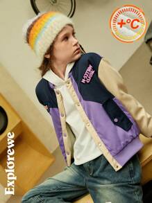 SHEIN Style urbain décontracté, veste bomber matelassée multi-couleurs patchwork, confortable et chaude, convenant aux jeunes filles. Idéale pour la photographie de rue urbaine et les sorties décontractées quotidiennes.