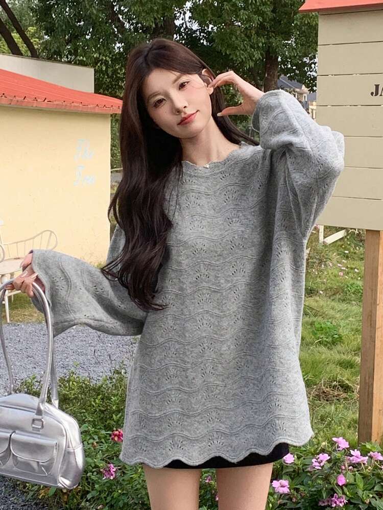Women's Plain Round Neck Drop Shoulder Long Sleeve Casual Sweater Dress, Autumn/Winter