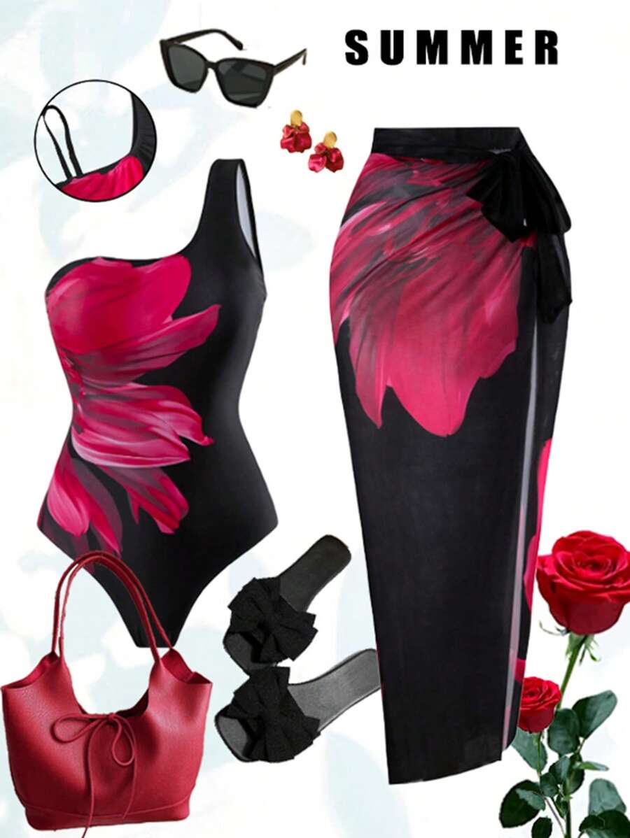 Swim Oasis 大码女式连体花卉印花泳衣，夏季海滩 - 彩色 - 查看 1