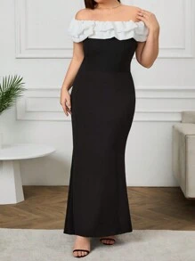 SHEIN Cottnline Plus Women's Two Tones Off Shoulder Ruffle Trim Bodycon Dress, Elegant Dress - Black and White - View 5