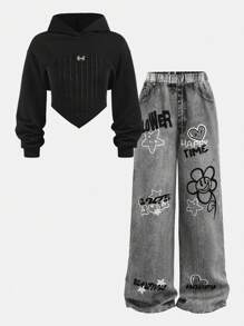 SHEIN 青少年女孩三件套：连帽运动衫、水钻装饰圆领背心和牛仔效果裤