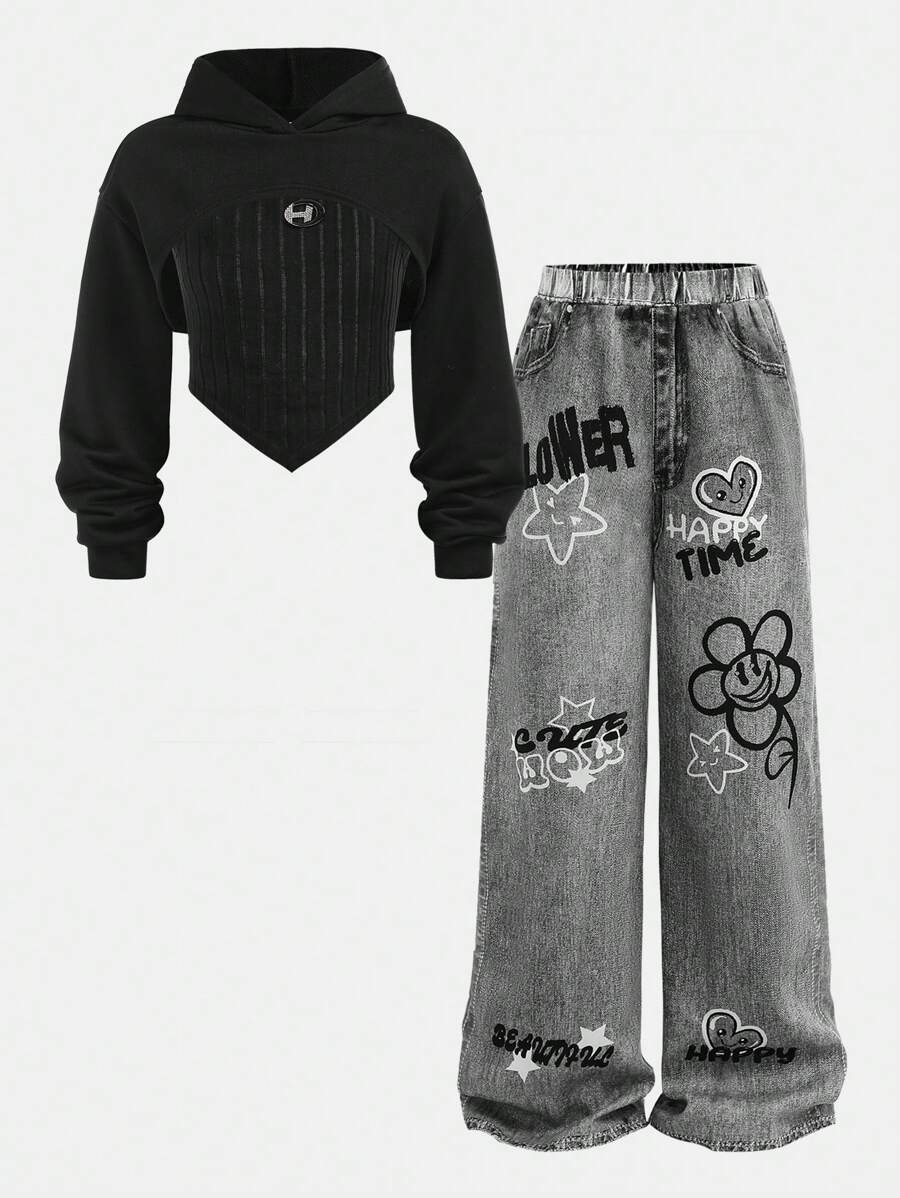 SHEIN 青少年女孩三件套：连帽运动衫、水钻装饰圆领背心和牛仔效果裤