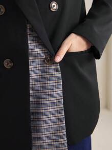BizChic Blazer informal de mujer de doble capa con solapa a cuadros y parches, conjunto de ropa de mujer de otoño con aislamiento térmico