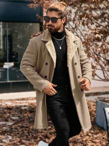 Manfinity Homme 男士纯色双排扣休闲大衣，秋冬，秋季，冬季，Old Money - 卡其色 - 查看 5